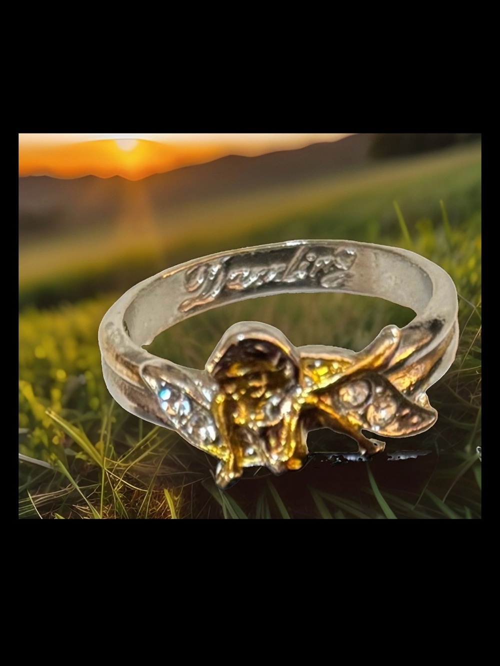Fairy Ring Winged Angel Silver Gold CZ’s Fairy Core “Darrling” Inscribed Size 8